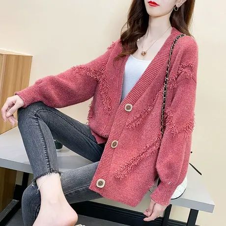 秋装女2023年新款宽松外穿流苏亮片网红毛衣V领长袖针织开衫外套商品大图