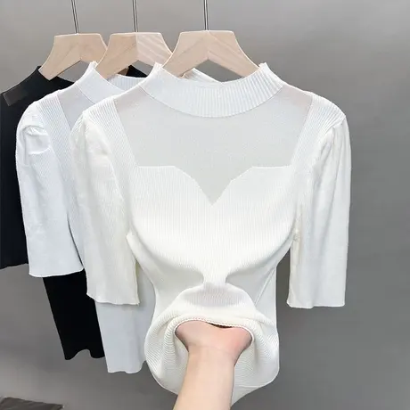 泡泡袖半高领蕾丝针织衫2023春夏秋新款弹力蕾丝上衣中袖打底衫潮商品大图