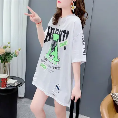 设计感短袖T恤女中长款2023新款夏季宽松慵懒风洋气破洞半袖上衣商品大图