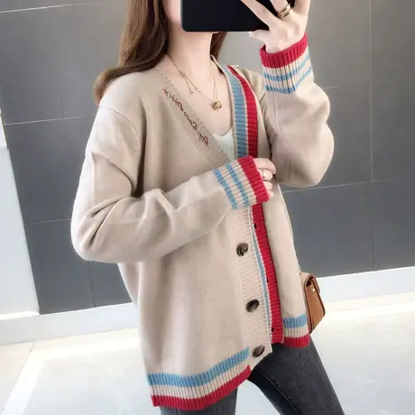 早秋针织开衫女宽松cec长袖外搭短款拼色毛衣外套春秋装商品大图