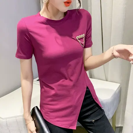 时尚开叉短袖T恤女ins网红不规则分叉上衣夏洋气修身丅恤女半袖潮商品大图