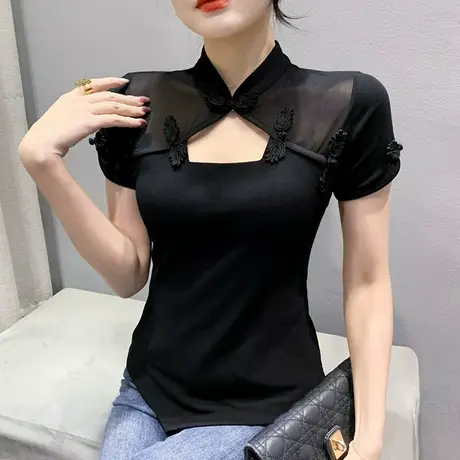 复古盘扣短袖T恤女2023夏装新款网纱拼接镂空上衣紧身气质小衫女图片