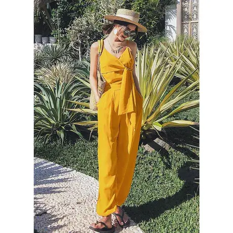 弥古黄色吊带连体裤套装女夏季雪纺高级感收腰连衣裤度假长裤薄款商品大图