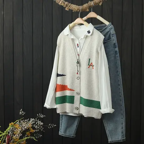 复古撞色V领针织开衫外套女士秋季新款宽松无袖坎肩背心马夹上衣商品大图