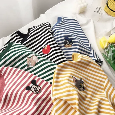 ins条纹T恤2022春夏季韩国东大门高品质磨毛短袖内搭闺蜜装大码商品大图