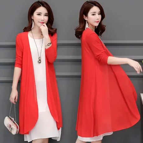 新款纯色冰丝网纱开衫春夏中长款薄防晒衣外搭大码胖MM披肩外套图片