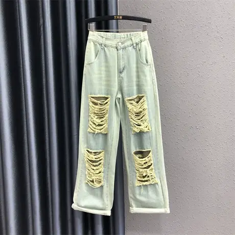 美式个性潮休闲破洞牛仔裤女2023夏季新款乞丐裤高腰显瘦直筒长裤商品大图