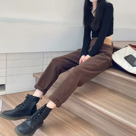 咖色老爹牛仔裤女2023年春秋新款高腰直筒宽松显瘦复古萝卜哈伦裤商品大图