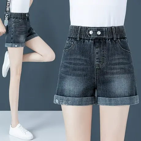烟灰色牛仔短裤女夏季2023新款松紧腰刺绣卷边A字阔腿裤时尚热裤商品大图