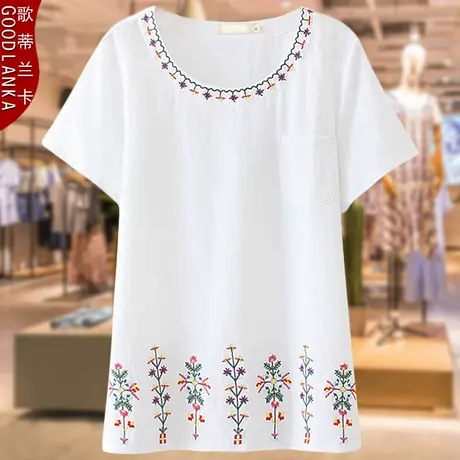 中老年女士妈妈夏装纯棉短袖上衣民族风小衫宽松大码女装绣花T恤商品大图