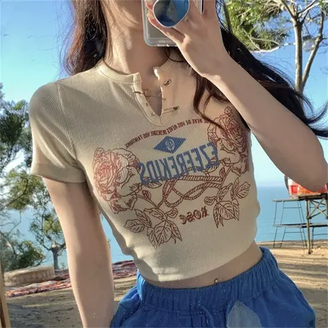 T恤女装春季纯欲风灰色短款修身露脐打底衫辣妹紧身短袖上衣商品大图