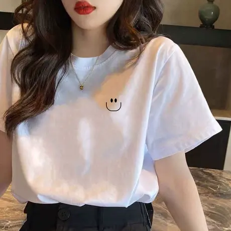 白色纯棉短袖t恤女2023年夏季潮牌学生宽松半袖笑脸上衣设计体恤图片