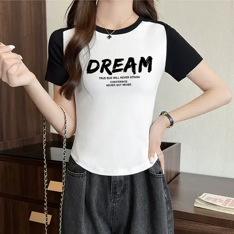 纯棉圆领撞色短袖t恤女2023新款韩版修身显瘦短款正肩拼接上衣夏图片