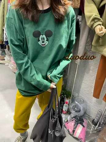 2023春秋装新款韩版卡通图案拼色领边宽松长袖T恤女打底衫上衣服商品大图