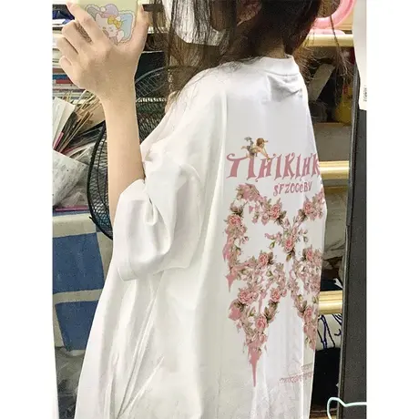 重磅纯棉短袖t恤女春季oversize潮小众设计感美式复古半袖上衣夏图片