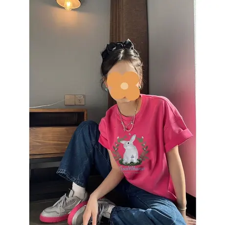 纯棉玫红色正肩短袖t恤女2023年新款夏季设计感小众宽松上衣体恤商品大图