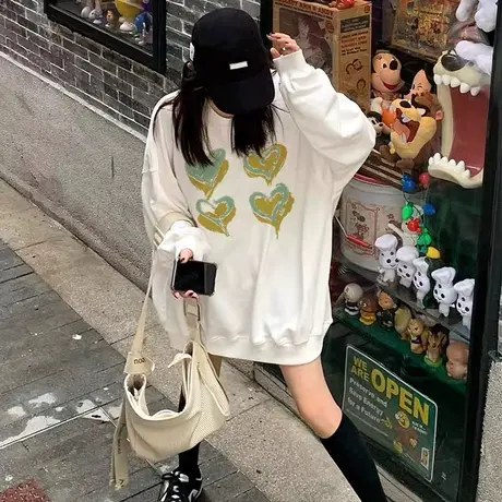 oversize爱心印花卫衣女ins潮牌春秋薄款宽松设计感chic港风上衣图片
