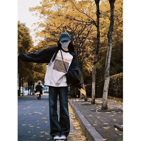 美式复古插肩袖卫衣女春秋薄款宽松慵懒风设计感无帽上衣外套潮牌商品大图