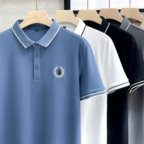 英伦学院风polo衫男装商务休闲珠地翻领短袖T恤男麦穗刺绣保罗衫商品大图
