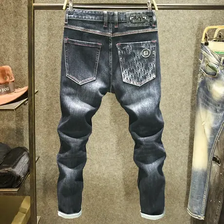 高端欧货新款牛仔裤男款修身小脚裤大牌高级蓝黑色休闲潮牌长裤子商品大图