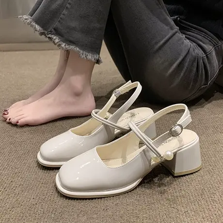 包头凉鞋女夏季一字扣2023新款时尚气质配裙子显瘦玛丽珍粗高跟鞋商品大图