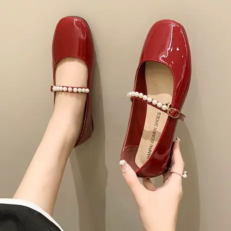 玛丽珍小皮鞋女2023春夏法式珍珠一字带奶奶鞋配裙子豆豆平底单鞋商品大图
