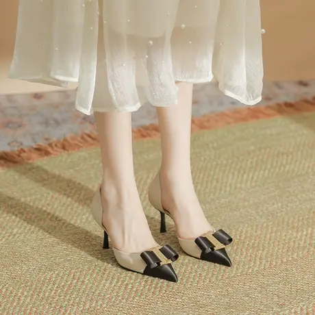 性感名媛单鞋女2023春夏新款包头凉鞋女细跟高跟鞋尖头浅口中空鞋商品大图