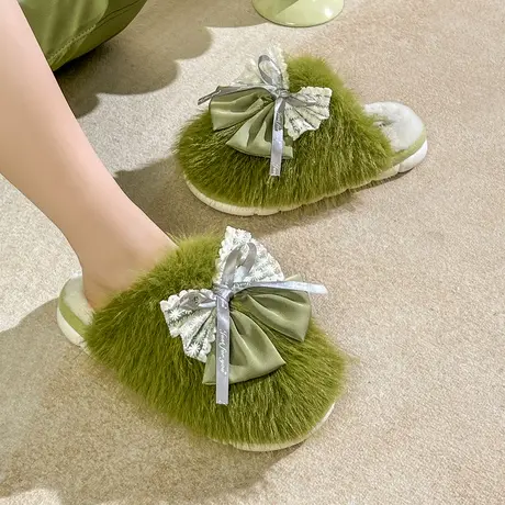 2023秋冬季新款可爱蝴蝶结棉拖鞋女室内家居家用保暖厚底毛毛拖鞋商品大图