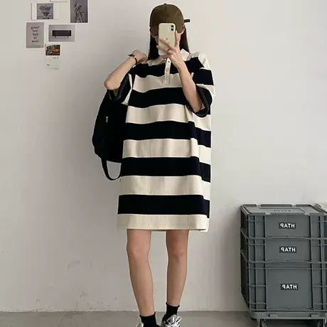 大码胖mm条纹polo领女装夏季新款宽松韩版学院风中长款T恤裙200斤商品大图