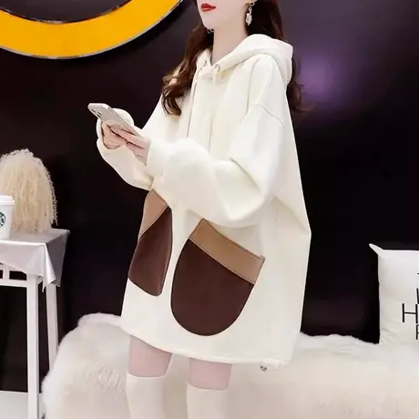 春秋季大码胖mm加厚卫衣女中长款加绒连帽设计感时髦上衣服200斤商品大图