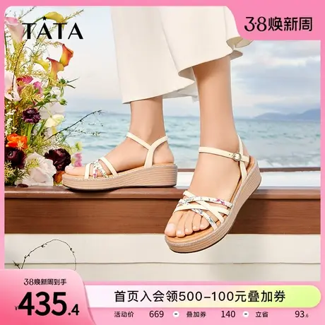 Tata他她一字带坡跟凉鞋女鞋仙女度假沙滩鞋2024夏季新款7YX03BL4商品大图