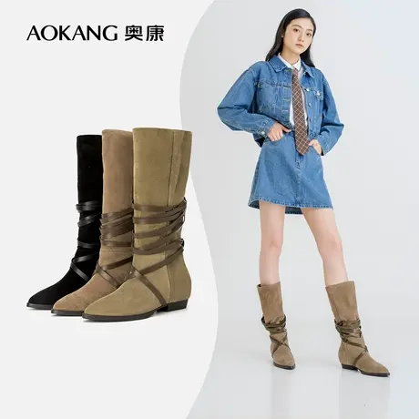 奥康女鞋2022冬季新款复古牛仔西部堆堆靴时尚潮流真皮长筒靴女靴图片