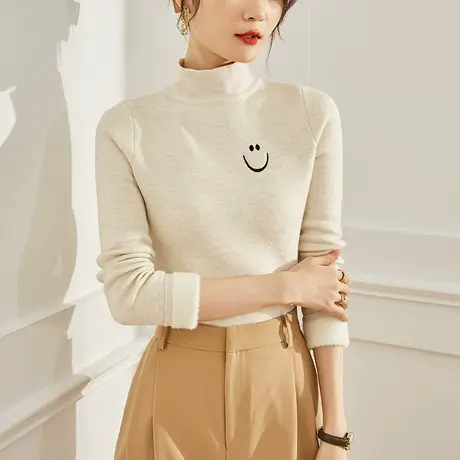 加绒加厚半高领亮丝毛衣女2023秋冬保暖内搭上衣一体绒笑脸打底衫商品大图