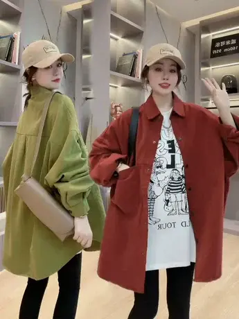 欧洲站2023新款纯色系宽松显瘦中长款牛仔棉衬衫女早春POLO领上衣商品大图