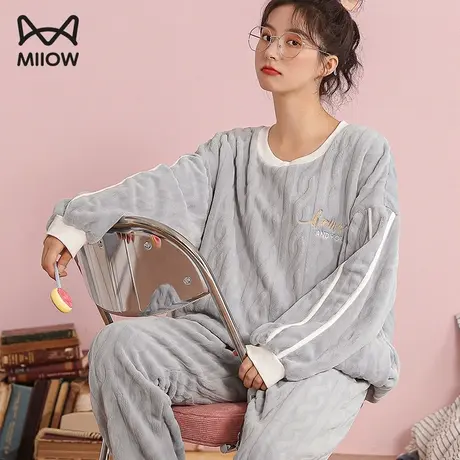 猫人睡衣女秋冬款套头圆领家居服加绒加厚保暖可外穿简约休闲套装商品大图
