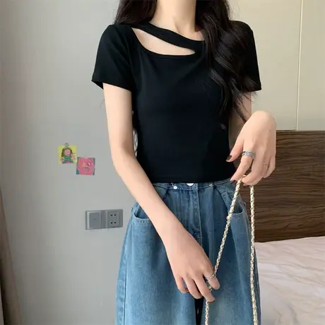 镂空设计感小众修身露锁骨上衣服女夏季短款ins潮网红高腰短袖t恤图片