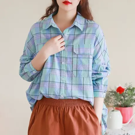 胖妹妹初春宽松bf风显瘦蓝纹格衬衫加大码2023新款长袖上衣200斤商品大图