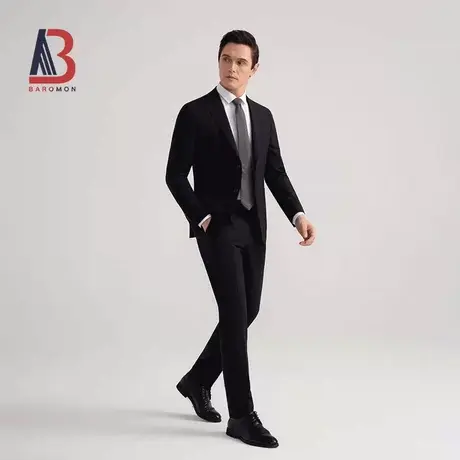 BAROMON/培罗蒙2023秋款男士商务休闲西装黑色薄款羊毛西服套装图片
