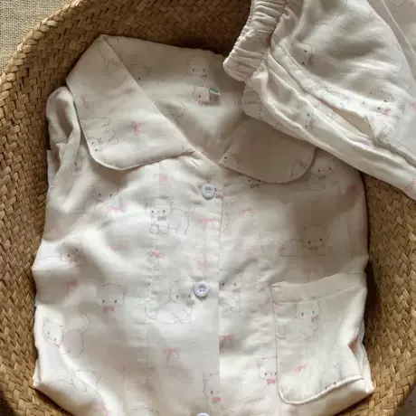 新品！A类全棉双层纱小呆猫小翻领长袖长裤睡衣套装棉纱家居服商品大图