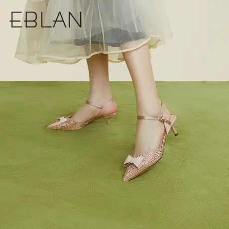 伊伴春夏女鞋新款蝴蝶结闪钻尖头高跟鞋后空半凉鞋女鞋小猫跟单鞋商品大图