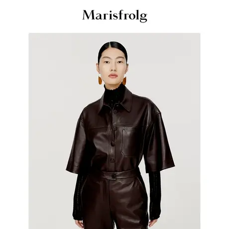 【商场同款】玛丝菲尔皮衣秋季新款咖色时尚翻领绵羊皮衬衫外套图片