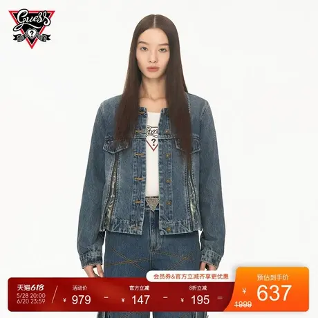 【GUESS x YUEQI QI联名系列】女士撞色明线做旧水洗正肩牛仔夹克图片