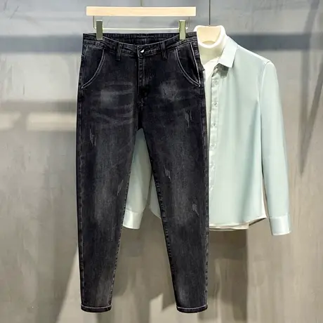 2023春秋装新款男士直筒牛仔裤 韩版修身黑色休闲牛仔长裤男潮流图片