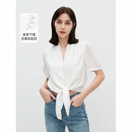 朗姿法式白色V领泡泡袖衬衫夏新款设计感小众别致衬衣上衣小衫女图片