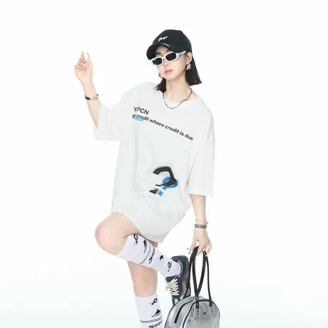 YEP2025新款潮牌夏季个性印花宽松短袖T恤女情侣街头风半袖上衣商品大图