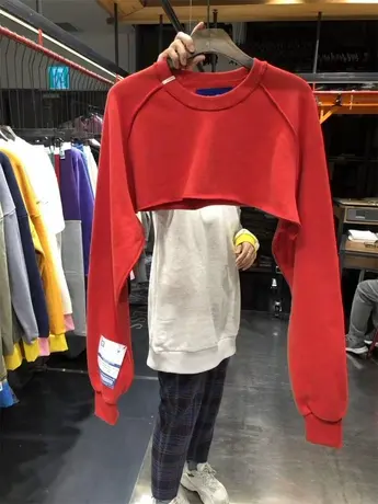 韩国东大门2023春季新款纯色套头罩衫露脐圆领短款长袖卫衣女上衣商品大图