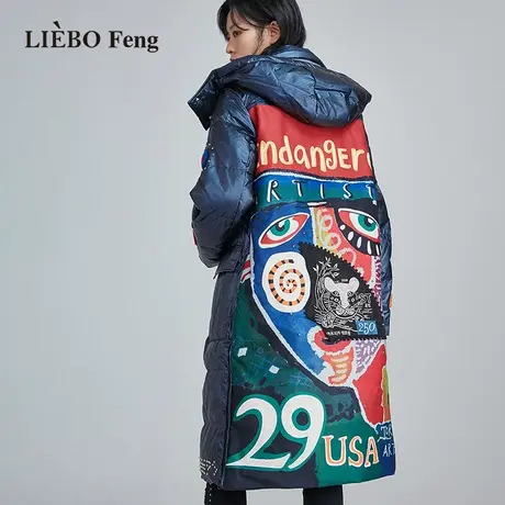 裂帛LIEBOFeng原创设计chic复古刺绣百搭宽松长款道奇蓝羽绒服女图片