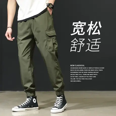 绿色工装裤2023新款秋季男士宽松束脚弹力长裤男款大码多口袋裤子商品大图