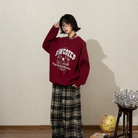 YEP复古酒红色印花卫衣女春秋2025新款圆领套头宽松无帽情侣上衣商品大图