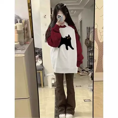 撞色拼接插肩袖圆领卫衣女初秋百搭宽松显瘦薄款拼接长袖上衣服潮商品大图